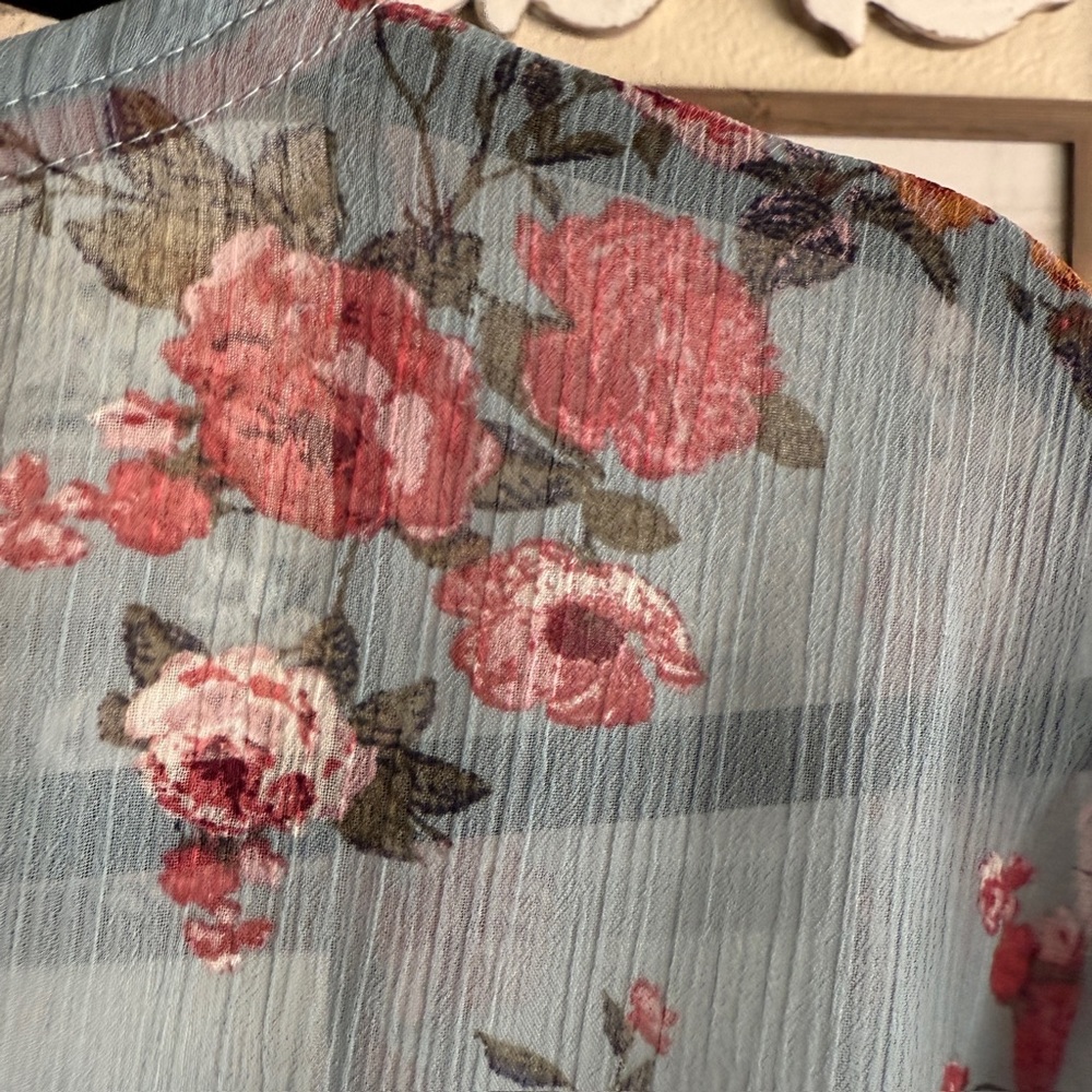 Floral Sheer Kimono Duster with Crochet Light Blue Pink Boho Layering Romantic - Picture 14 of 16